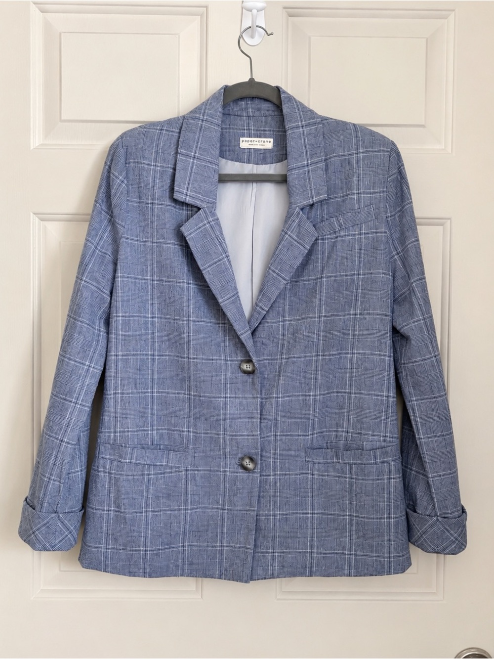 Paper Crane Plaid Linen Blend Blazer Blue Preppy Coastal Women's Jacket Size S - Picture 3 of 6